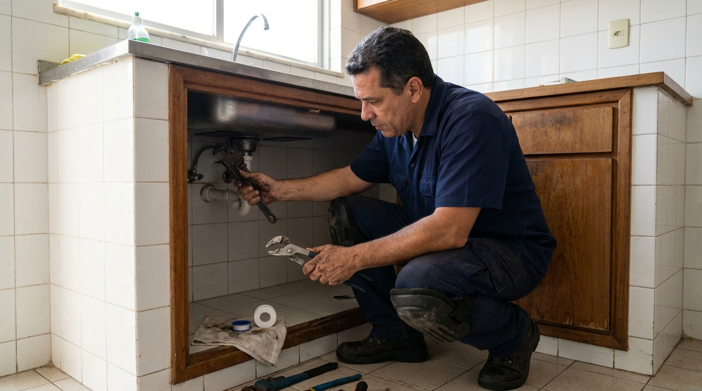 Encanador realizando manutenção em Cotia‑SP